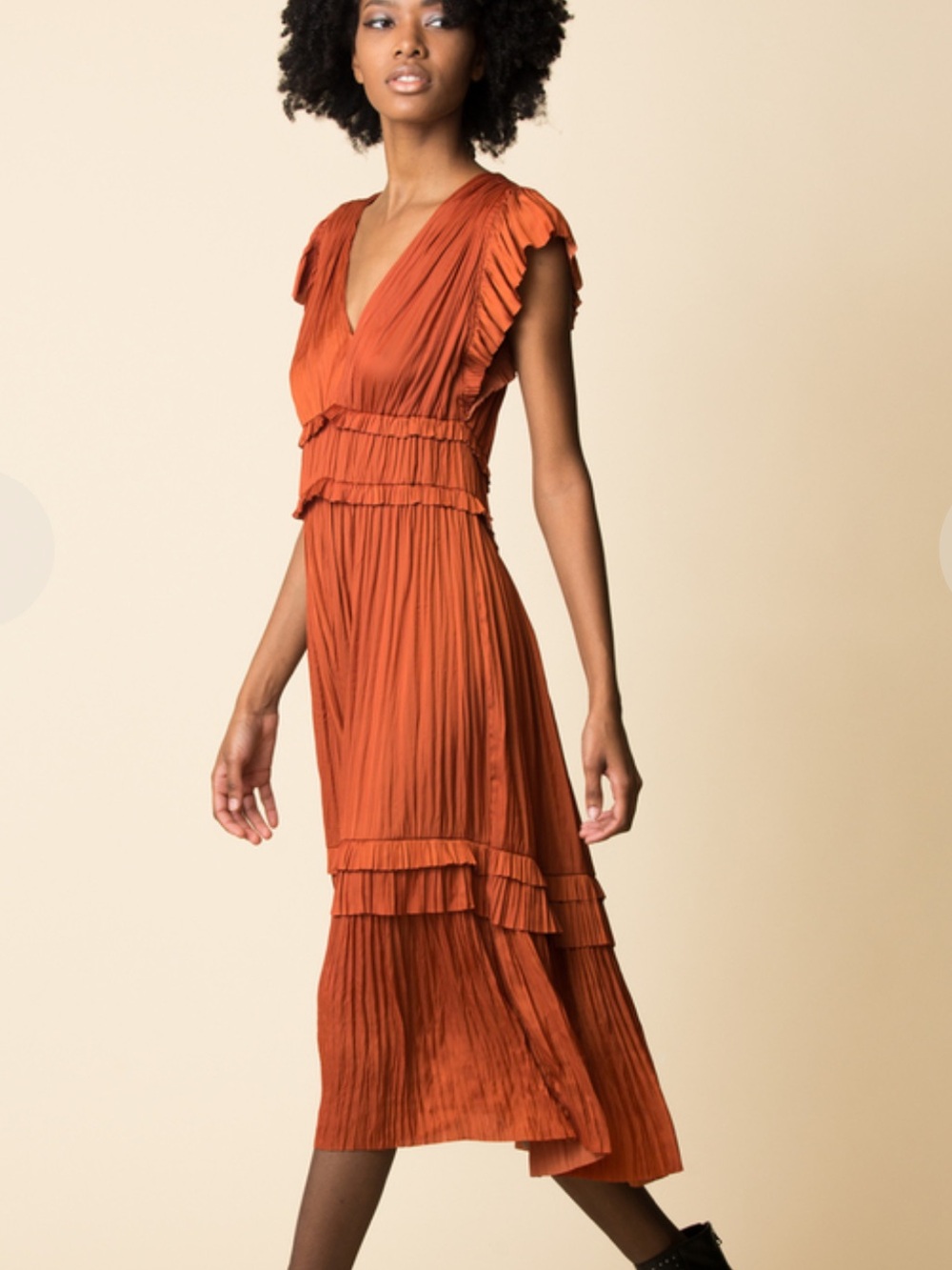 Joie Burnt Orange Pleated Boho Tiered Midi Smocked  Dress Size Large